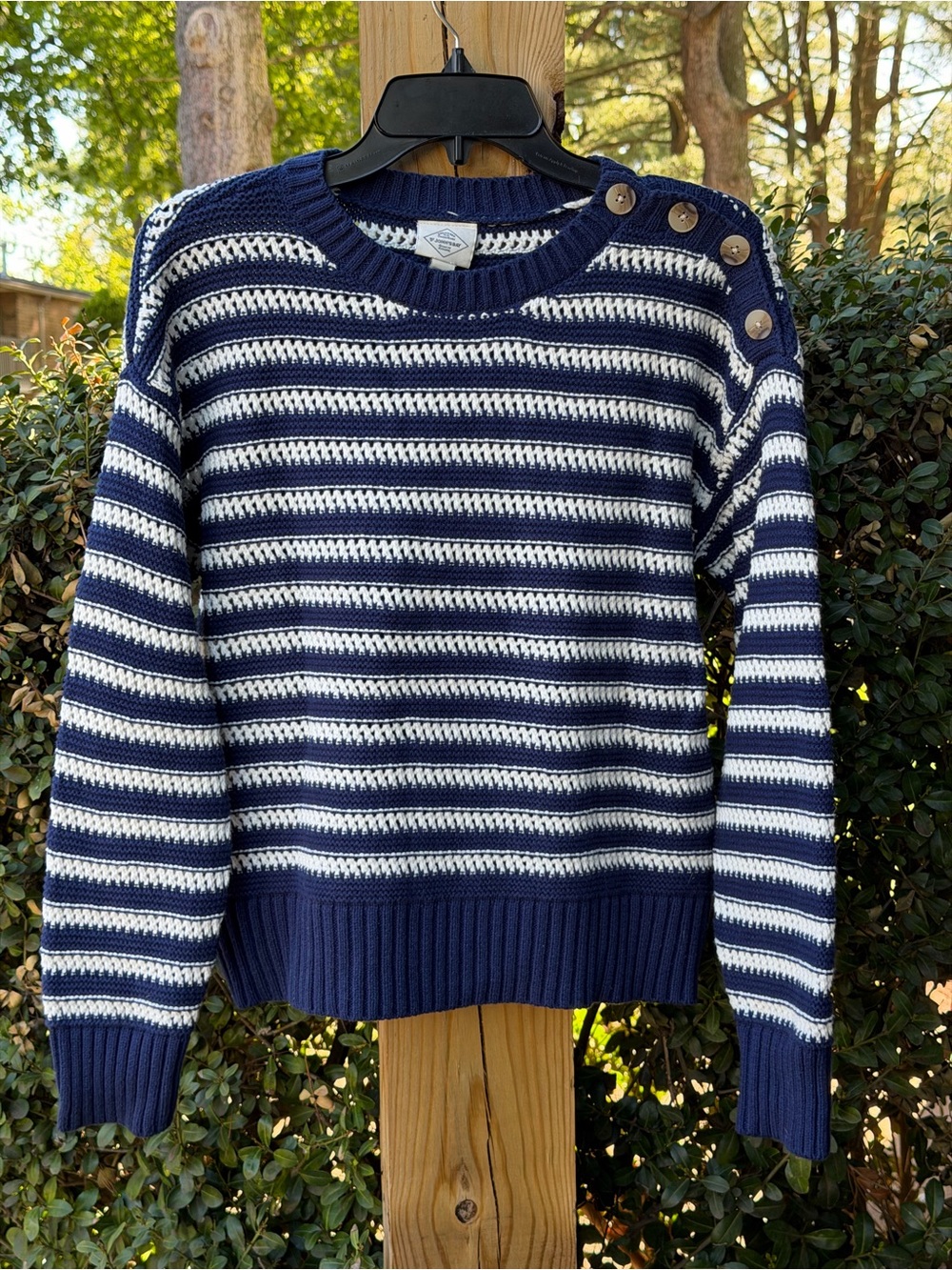 St. John's Bay Navy and White Striped Crewneck Sweater with Shoulder Buttons